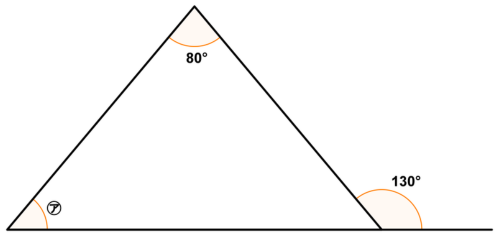 内角80°と外角130°が分かっている三角形で、角㋐を求める問題の図