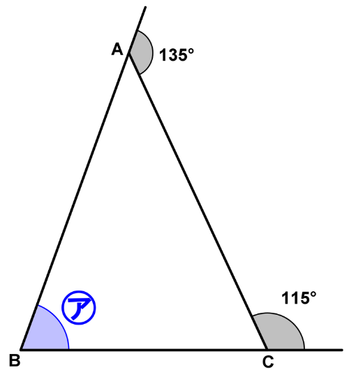 2つの辺をのばして外角115°と135°を示した三角形で、残りの内角㋐を求める問題の図