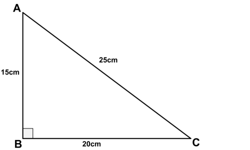 角Bが直角で、辺が15cm・20cm・25cmの直角三角形ABCの図