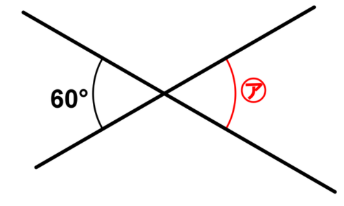 2直線が交わった図。60°の角と向かい合う位置に角㋐がある