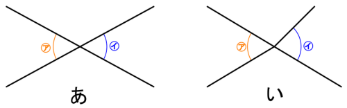 2直線が交わった図あと、片方の線が交点で折れている図い。どちらにも角㋐と角㋑がある
