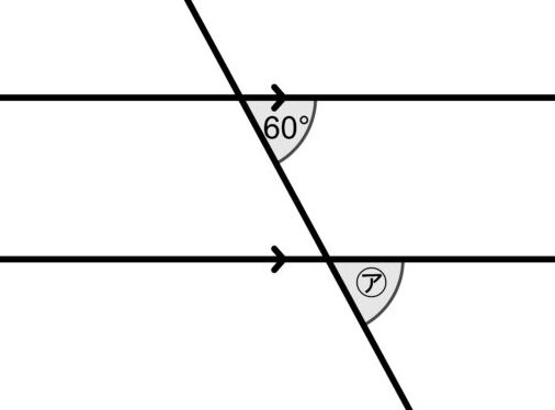 平行な2直線に交わる直線で、上の交差点が60°、下の同位角の位置に㋐がある図