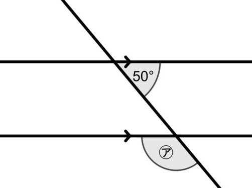 平行な2直線に交わる直線で、上の交差点が50°、下の交差点に㋐がある図