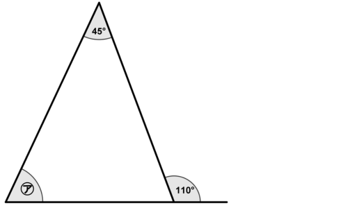三角形の1辺を外側に延ばし、上の内角45°と外角110°、求める内角㋐を示した図