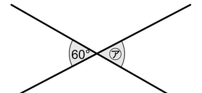2直線が交わった図。60°の角と向かい合う位置に角㋐がある