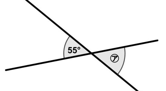 2本の直線が交わり、55°の角と向かい合う位置に角㋐がある図