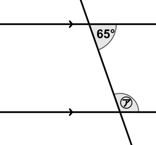 平行な2直線に交差線が交わり、上の交点に65°、同傍内角の位置に角㋐がある図