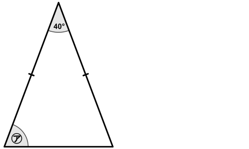 頂角40°の二等辺三角形。底角に㋐のラベルがある