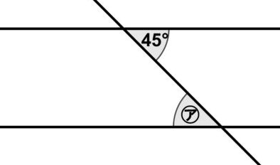 平行な2本の直線に交わる直線と、45°と角㋐が錯角の位置にある図