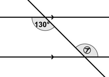 平行な2本の直線に交わる直線と、130°と角㋐が錯角の位置にある図