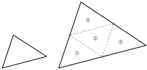 一般の三角形を2倍に拡大し、中点を結んで4つに分けた図