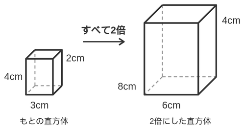 たて2cm・よこ3cm・高さ4cmの直方体と、すべての辺を2倍にしたたて4cm・よこ6cm・高さ8cmの直方体を並べた図