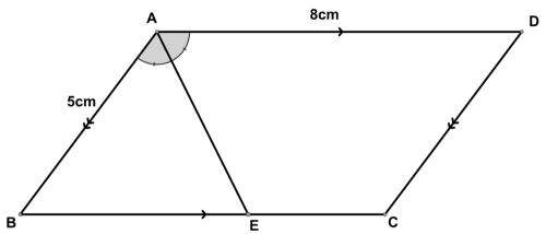 平行四辺形ABCDで、角Aを2等分する直線が辺BCと交わる点をEとした図。辺ABが5cm、辺ADが8cm