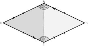 対角線で分けた三角形の角度がすべて等しくなることを示す図