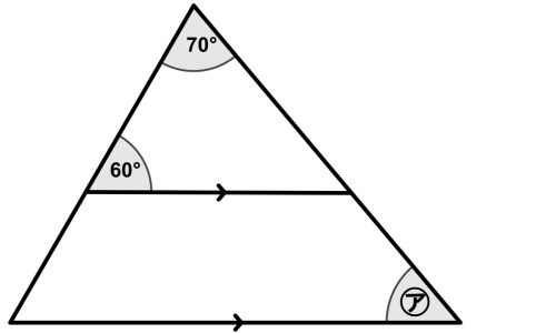 三角形の頂角に70度、内側の角に60度、右下の角に㋐を示したピラミッド型の図