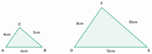 三角形ABCの辺6cm・5cm・4cmと、2倍にした三角形DEFの辺12cm・10cm・8cmを書き込んだ図