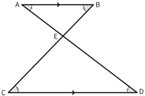 上下に平行な2本の線を交差する線でつなぎ中央の点Eで接するリボン型相似の図