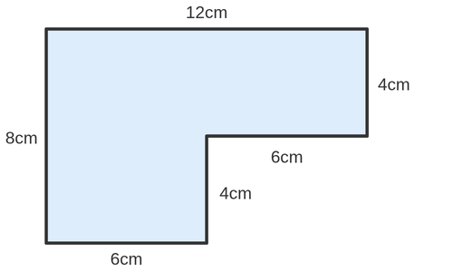 たて8cm・よこ12cmの長方形から、右下のたて4cm・よこ6cm分を切り取ったL字型の図形