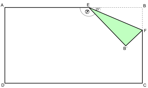 長方形の折り返しで角BEF=25°と求める角㋐を示した図