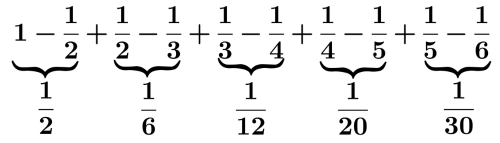 分解した式の下にもとの分数を添えた図(1行目:1/2から1/30まで)