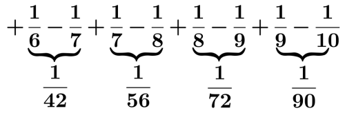 分解した式の下にもとの分数を添えた図(2行目:1/42から1/90まで)