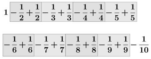 打ち消し合うペアをグレーの箱で囲み、残った1と−1/10だけが見える図