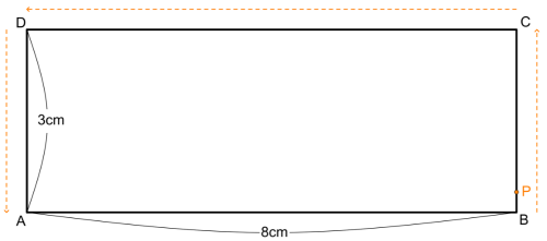 AB=8cm、BC=3cmの長方形ABCDと点Pの移動経路