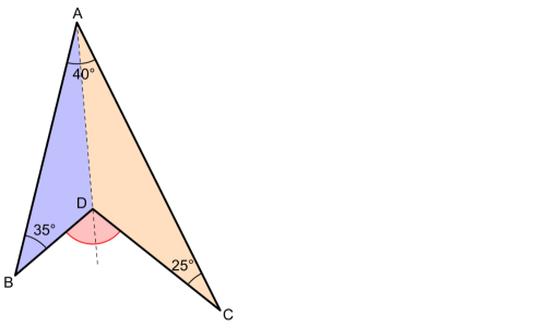 AからDを通って先までのばした補助線で、三角形ABDと三角形ACDに分かれたブーメラン型の図