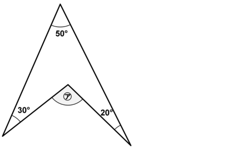 外側の3つの角が50°・30°・20°のブーメラン型で、へこんだ点の角㋐を求める練習問題の図