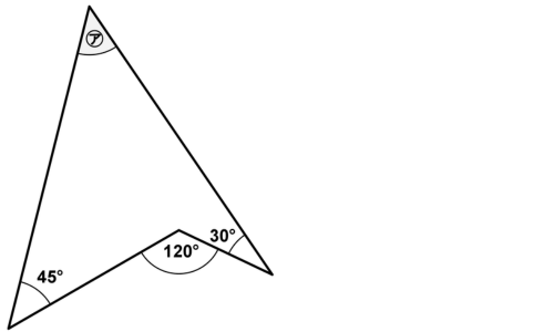 へこんだ点の角が120°、外側に45°と30°があるブーメラン型で、残りの外側の角㋐を求める練習問題の図