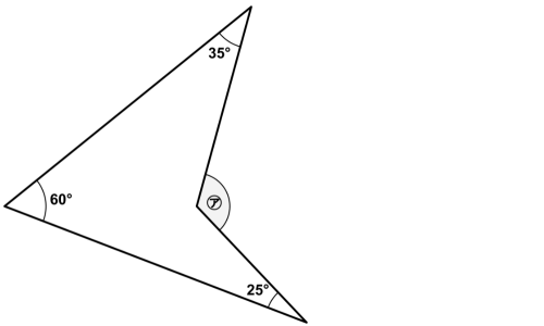 横向きに置いたブーメラン型で、外側の3つの角が60°・35°・25°、へこんだ点の角㋐を求める練習問題の図