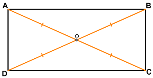 交点Oから4つの頂点A・B・C・Dへ引いた4本すべてに同じ等しい印を付けた図