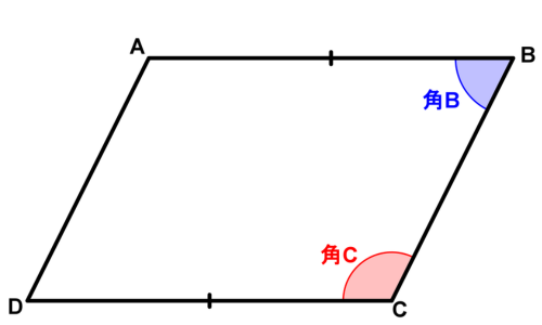 かたむいた平行四辺形ABCDで、角Bと角Cを同じ半径の弧で示した図