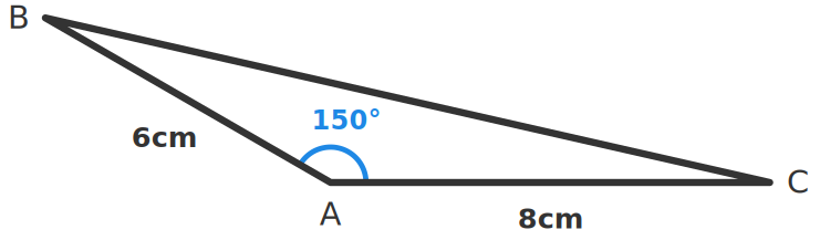 角Aが150°、ABが6cm、ACが8cmの三角形ABC