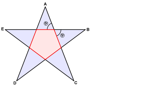 星を外がわの5つの三角形とまん中の五角形に分け、五角形の外角㋘を示した図