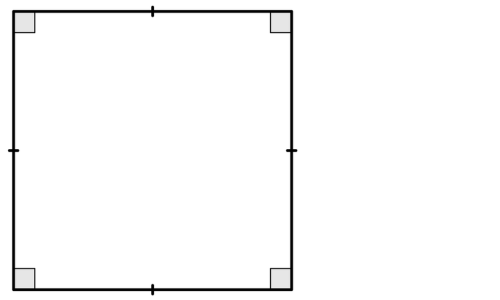 4つの辺に等しい印と4つの角に直角マークを付けた正方形