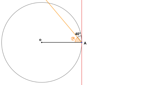円と中心O、接点A。90°を40°と求める角㋐に分けた図