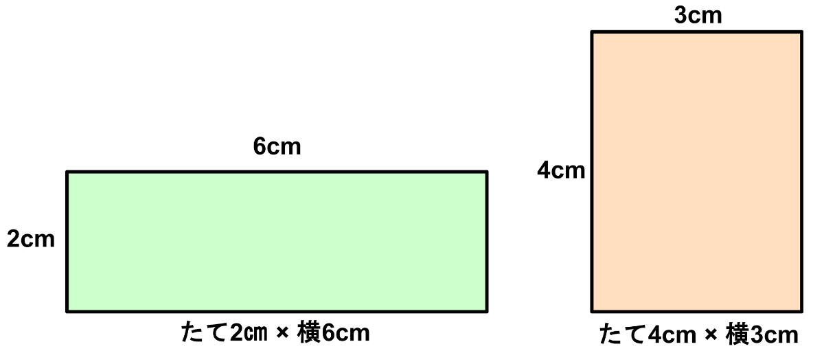 面積が同じ12平方センチメートルの長方形を2つ並べた図。左はたて2cm横6cm、右はたて4cm横3cm