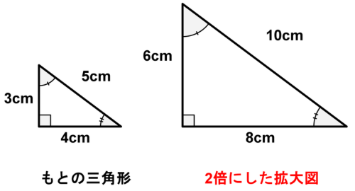 もとの三角形3cm・4cm・5cmと2倍にした拡大図6cm・8cm・10cmを並べた比較図