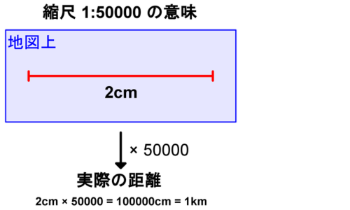 縮尺1:50000の意味と地図上2cmが実際の1kmにあたることを示した図