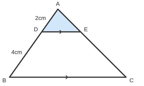 DEとBCが平行な三角形ABCで、ADが2cm、DBが4cmであることを示した図